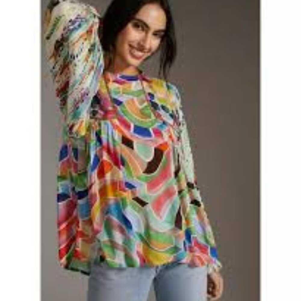 Anthropologie Multicolor Swirl Print Long-Sleeve Blouse